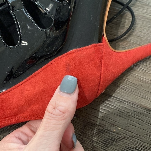 NWT BURJU Ryann Lace Up Open Toe Strappy Ankle Boots | red/black 10.5 - Picture 9 of 12